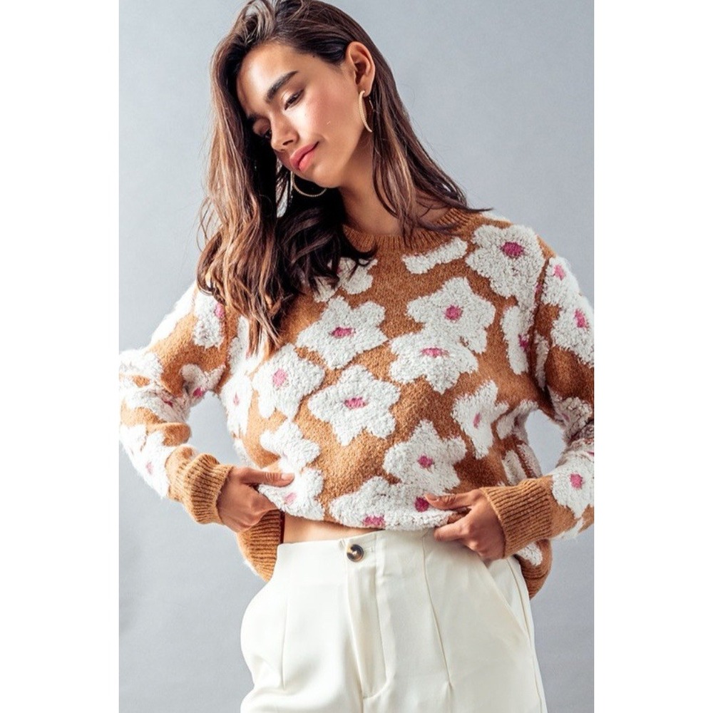 &Merci Floral Knit Crew Neck Long Sleeve Pullover Sweater Beige